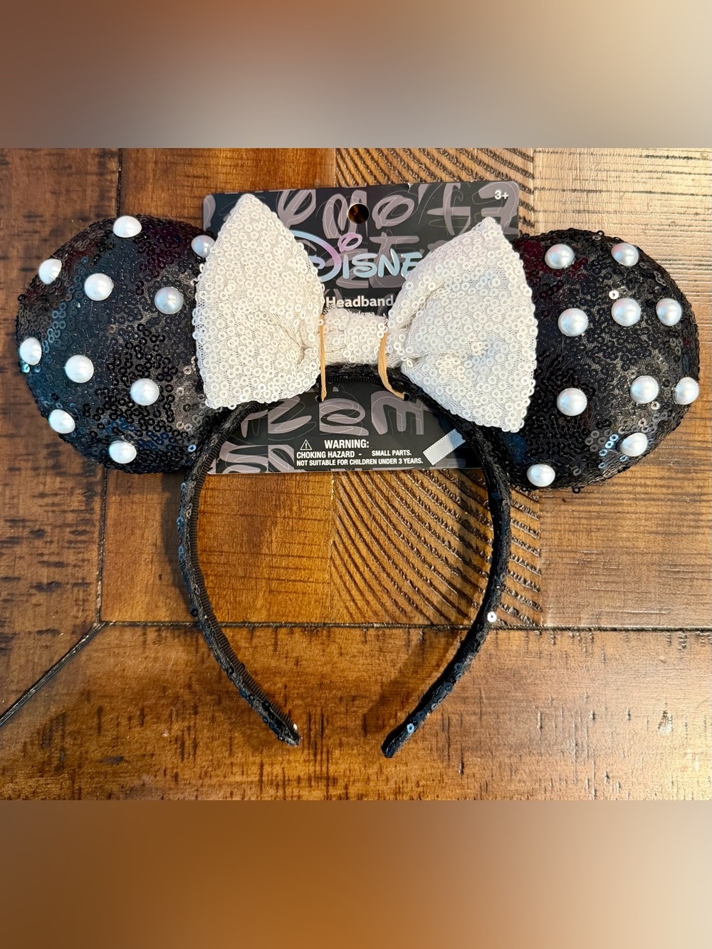 Disney Black Sequin Pearl Minnie Ears with White Sequin Bow